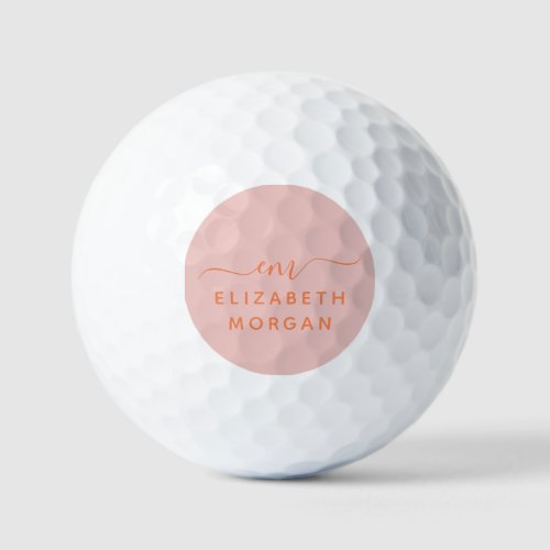 Modern Monogrammed Letter Name Pink Orange Script Golf Balls