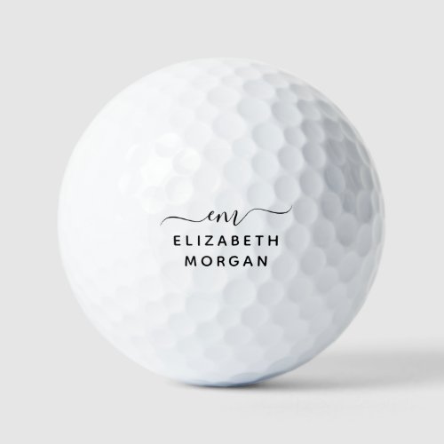 Modern Monogrammed Letter Name Script Black White  Golf Balls