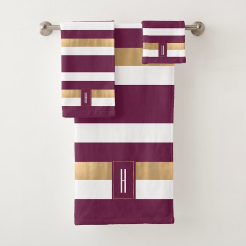 Modern Monogrammed Maroon Striped  Bath Towel Set