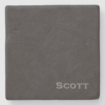 Modern Monogrammed Masculine Black Leather Look Stone Coaster by angela65 at Zazzle