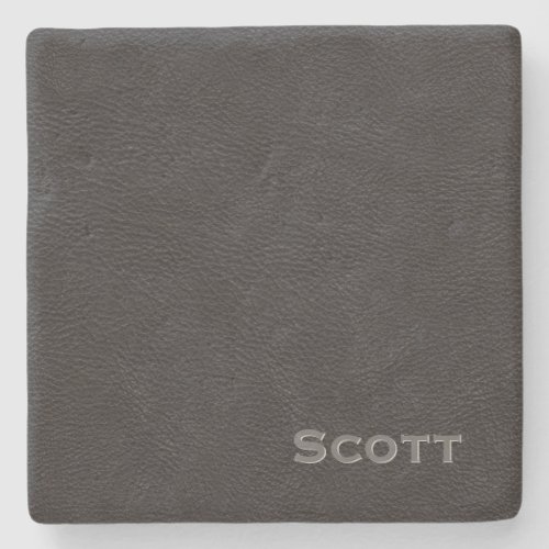 Modern Monogrammed Masculine Black Leather Look Stone Coaster