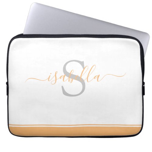 Modern Monogrammed Minimalist Peach Script Laptop Sleeve