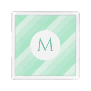 Modern Monogrammed Mint Green Stripes Trendy Acrylic Tray