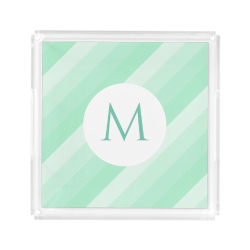 Modern Monogrammed Mint Green Stripes Trendy Acrylic Tray