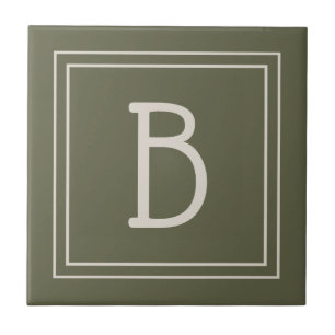 Modern Monogrammed Moss Green & Off White Initial Ceramic Tile