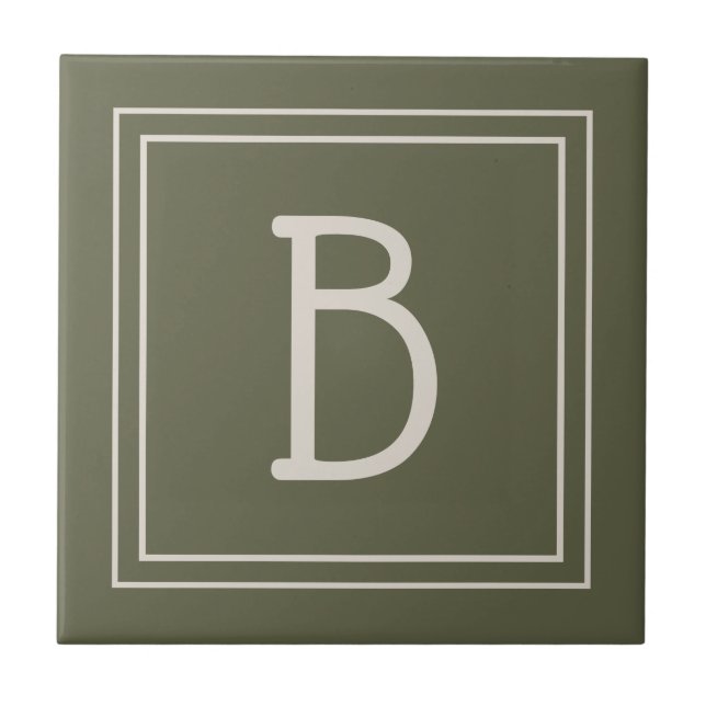 Modern Monogrammed Moss Green & Off White Initial Ceramic Tile (Front)