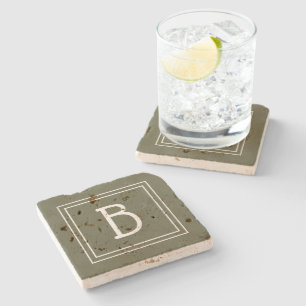 Modern Monogrammed Moss Green & White Initial Stone Coaster