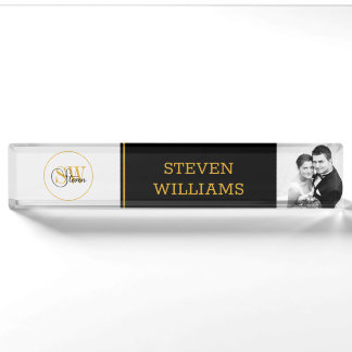 Modern Monogrammed Name & Elegant Signature Desk Name Plate