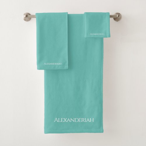 Modern Monogrammed Name Teal Blue and White Bath Towel Set