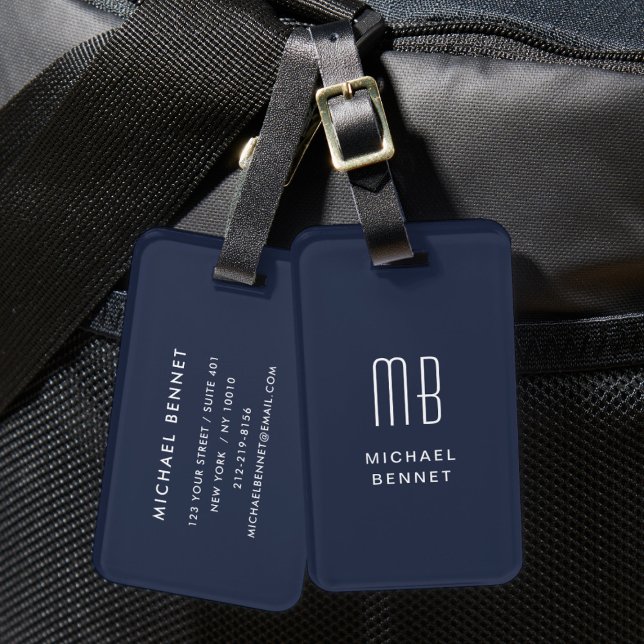 Modern Monogrammed Navy Blue  Luggage Tag (Modern Monogrammed Navy Blue Luggage Tag)