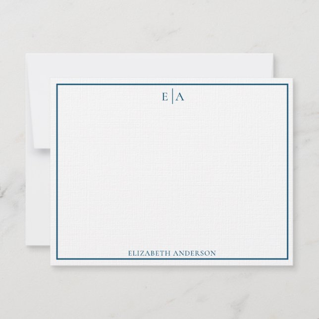 Modern Monogrammed Navy Blue Simple Square Border Note Card (Front)