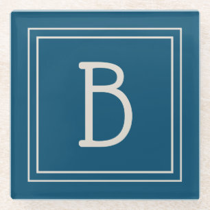 Modern Monogrammed Ocean Blue & Ivory Initial Glass Coaster