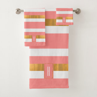 Modern Monogrammed Peach Striped  Bath Towel Set