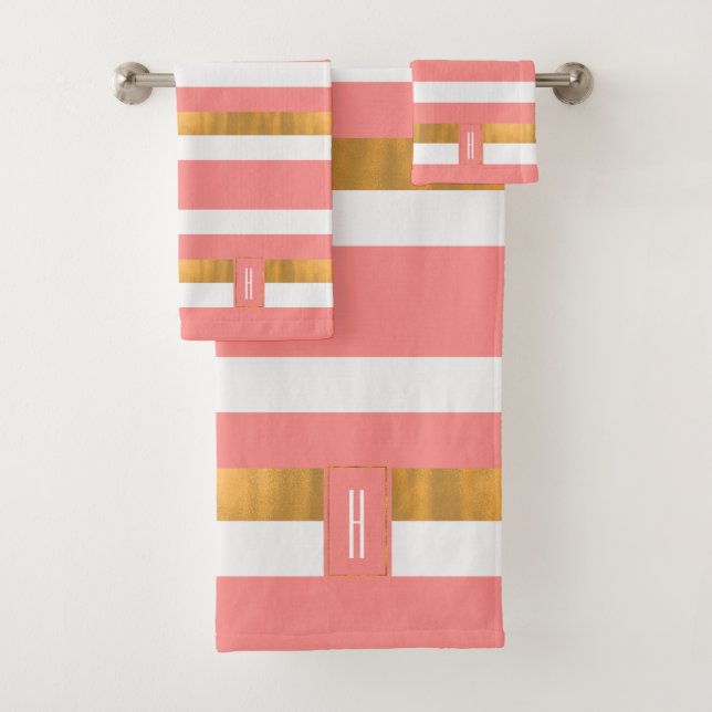 Modern Monogrammed Peach Striped  Bath Towel Set (Insitu)