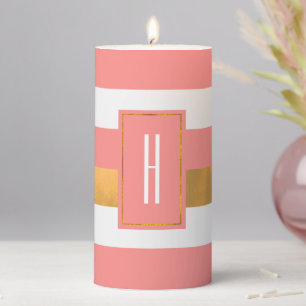 Modern Monogrammed Peach Striped Pillar Candle