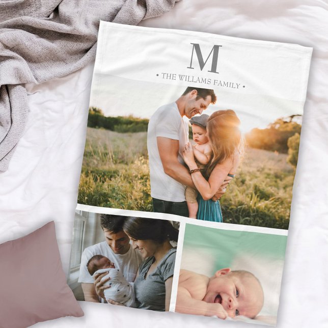 Modern monogrammed photo collage Gray & white Fleece Blanket (Creator Uploaded)