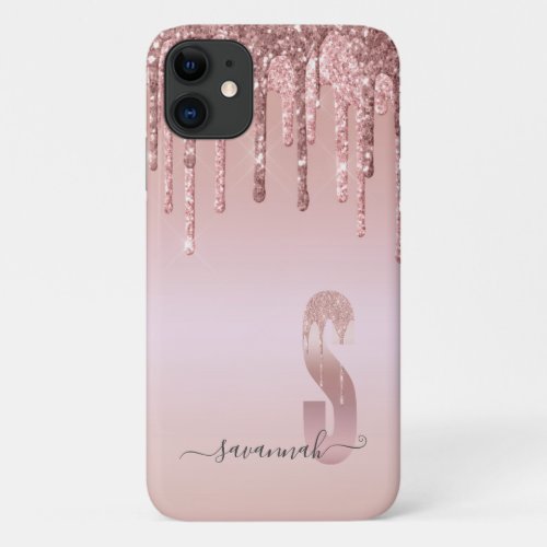 Modern Monogrammed Pink Glitter Girly iPhone 11 Case