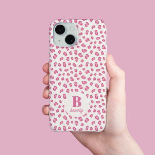 Modern Monogrammed Pink Leopard Print iPhone 15 Case