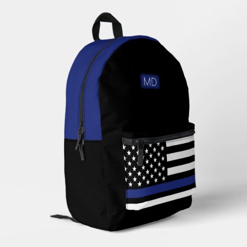 Modern Monogrammed Police Officer Thin Blue Line Printed Backpack