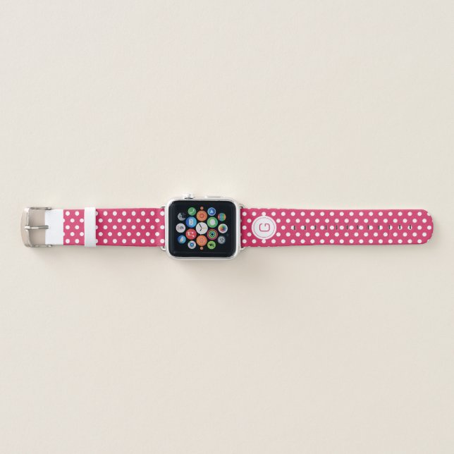 Modern Monogrammed Polka Dots Pattern Cherry Pink Apple Watch Band (Front)