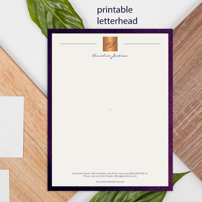 Modern monogrammed printable letterhead purple poster (Creator Uploaded)