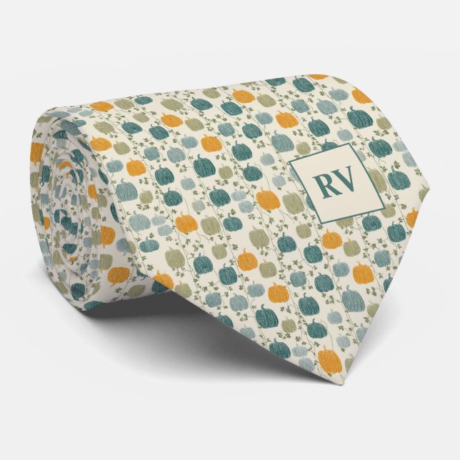 Modern Monogrammed Pumpkin Patch Autumn Neck Tie (Rolled)