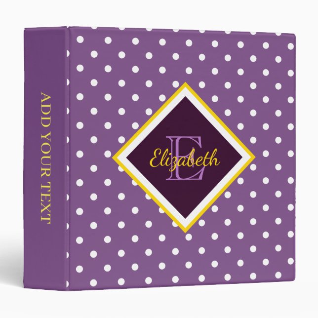 Modern Monogrammed Purple Polka Dot 3 Ring Binder (Front/Spine)