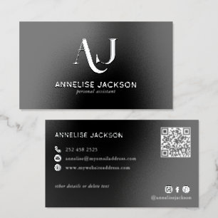 Modern monogrammed QR code black silver Foil Spot Gloss Business Cards