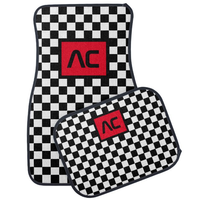 Modern Monogrammed Racing Flag Checkerboard Cool Car Floor Mat (Set)