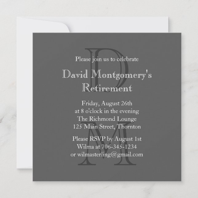 Modern Monogrammed Retirement Invitation (gray) (Front)