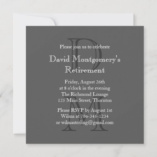Modern Monogrammed Retirement Invitation gray