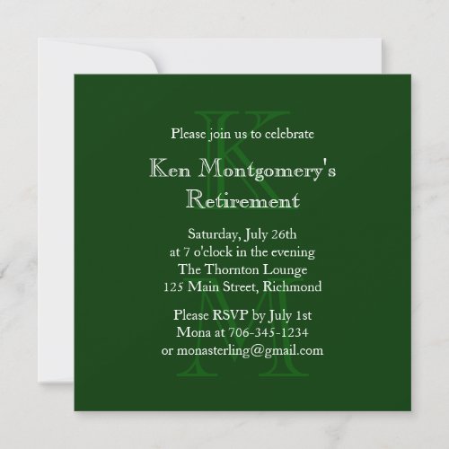 Modern Monogrammed Retirement Invitation green