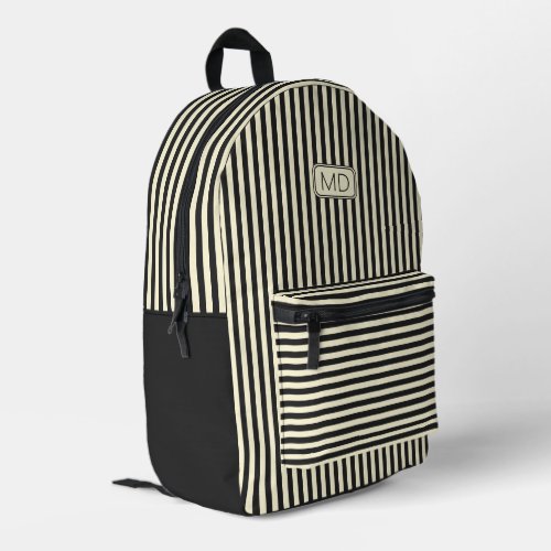 Modern Monogrammed Retro Black  Cream Stripes Printed Backpack