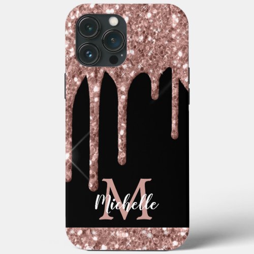 Modern Monogrammed Rose Gold Glitter Drips  iPhone 13 Pro Max Case