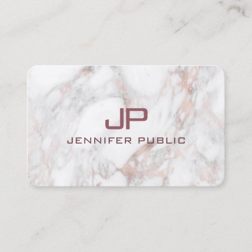 Modern Monogrammed Rose Gold White Marble Business Card
