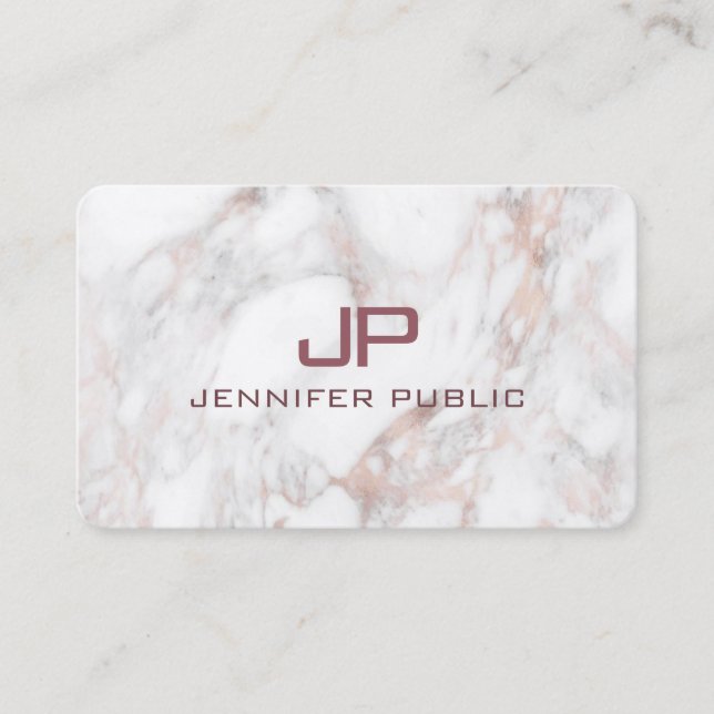 Modern Monogrammed Rose Gold White Marble Business Card (Front)