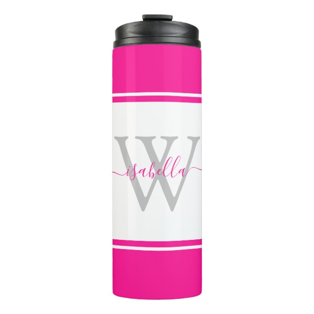 Modern Monogrammed Script Hot Pink Thermal Tumbler (Front)