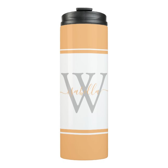Modern Monogrammed Script Peach Thermal Tumbler (Front)