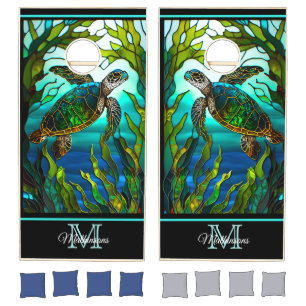 Modern Monogrammed Sea Turtle in the ocean Cornhole Set