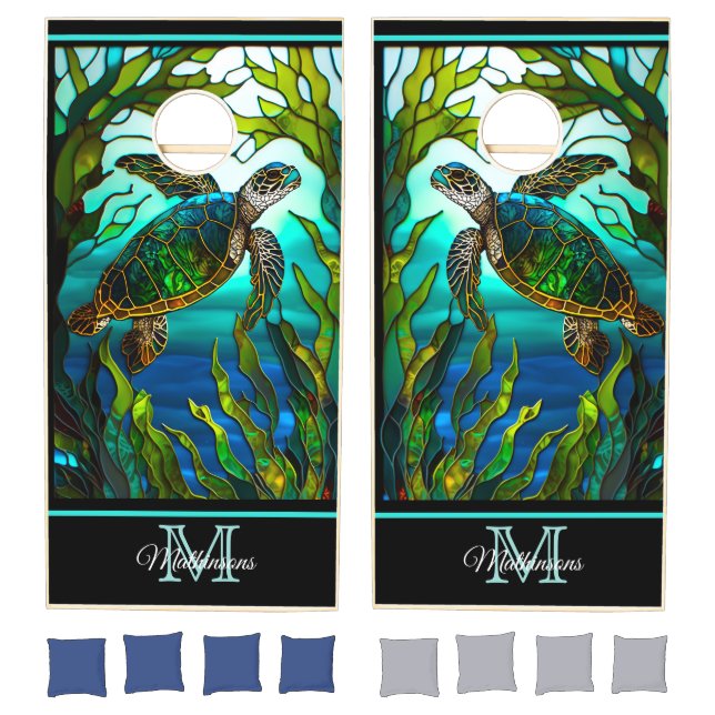 Modern Monogrammed Sea Turtle in the ocean Cornhole Set (Set)