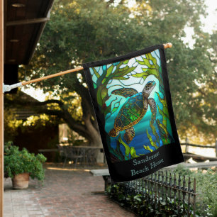 Modern Monogrammed Sea Turtle in the ocean House Flag