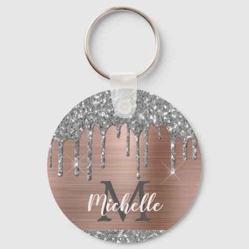 Modern Monogrammed Silver Glitter Drips Pink Metal Keychain