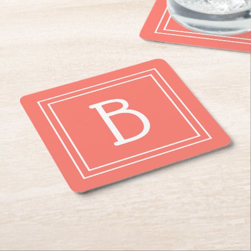 Modern Monogrammed Simple Letter Initial Coral Square Paper Coaster