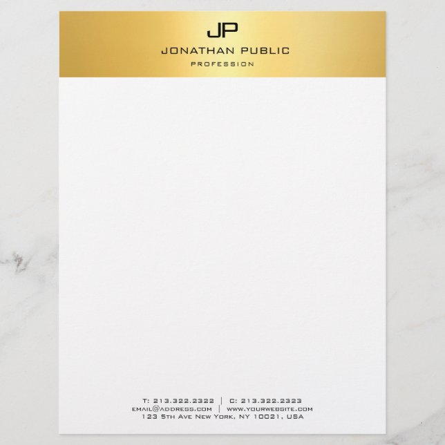 Modern Monogrammed Simple Template Gold White Letterhead (Front)