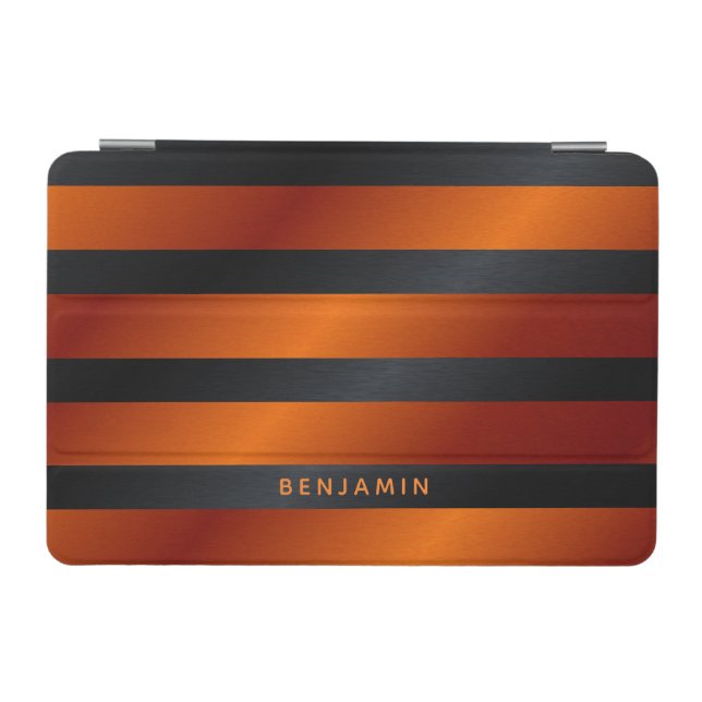 Modern Monogrammed Striped Black and Orange iPad Mini Cover (Horizontal)