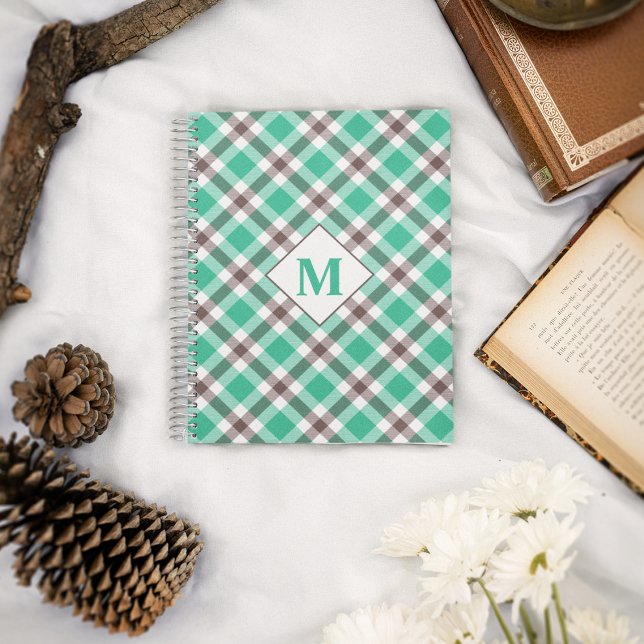Modern Monogrammed Teal Green Plaid Tartan Pattern Notebook (Creator Uploaded)