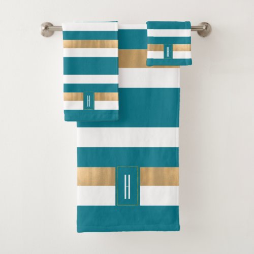 Modern Monogrammed Teal Striped  Bath Towel Set