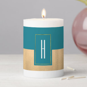 Modern Monogrammed Teal Striped Pillar Candle