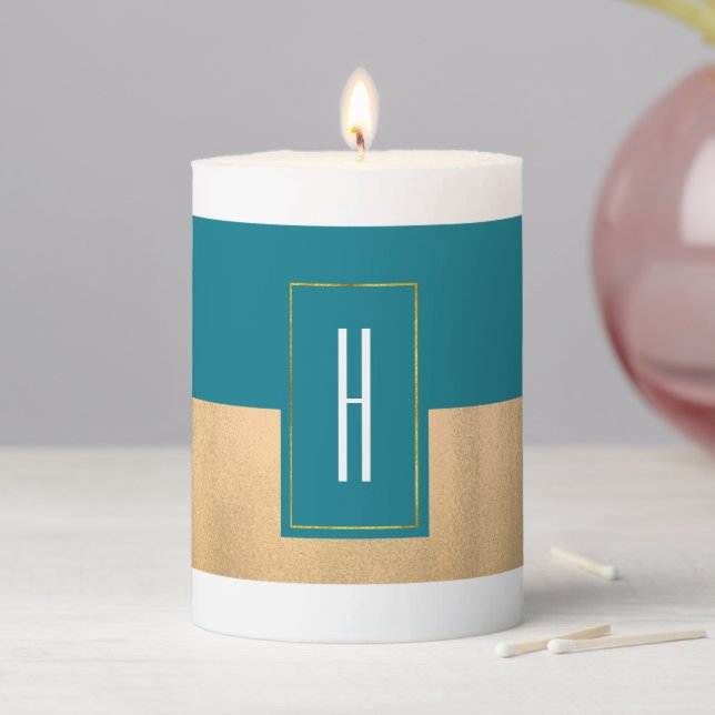 Modern Monogrammed Teal Striped Pillar Candle (In Situ)
