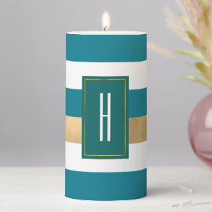 Modern Monogrammed Teal Striped Pillar Candle